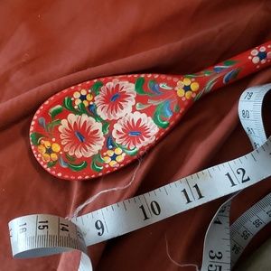 Large long painted Orange wooden spoon handmade Poland vintage 2001 decor